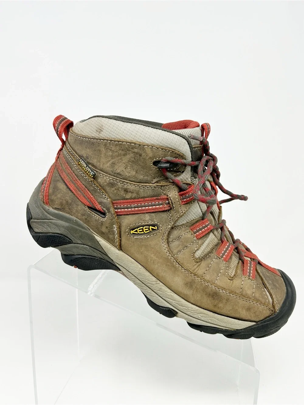 KEEN Targhee II Mid Waterproof Hiking Boots Brown Tan Red Accents Size 9.5